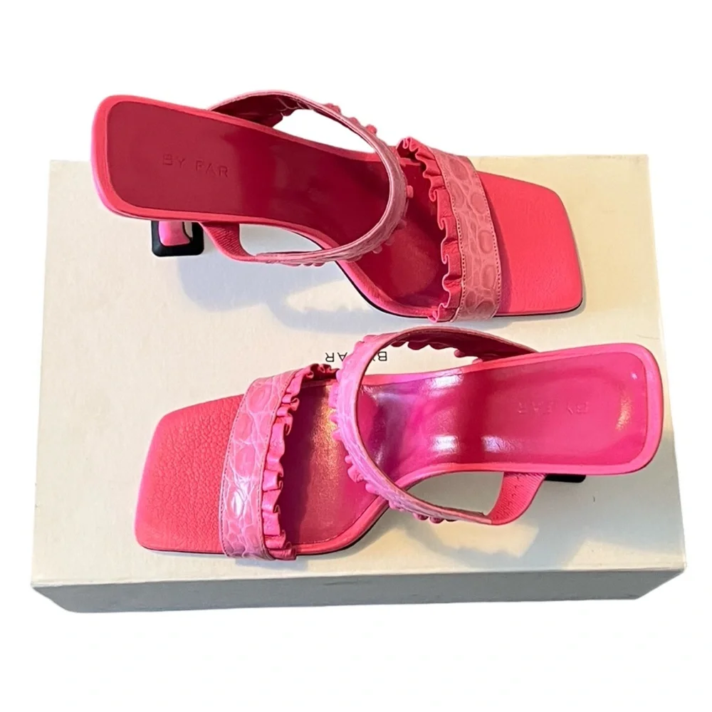 By‎ Far Sandals Pina Ruffled Croc-effect Leather Mules Sz 38 - Picture 2 of 10
